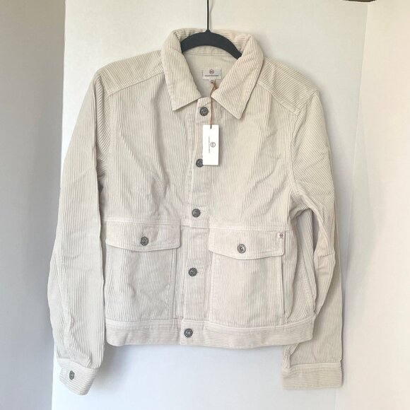 Anthropologie AG Trucker Jacket Womens Large Ivory Corduroy Cropped Cotton - Picture 1 of 13